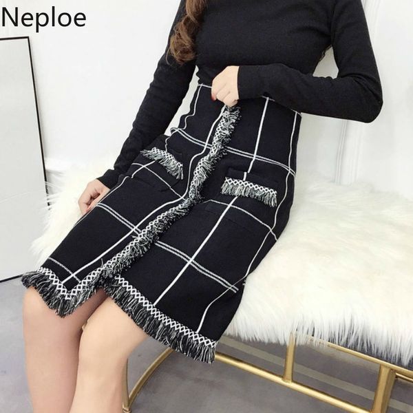 

neploe autumn winter irregular skirt patchwork plaid high waist hip skinny jupe femme tassel thick pocket faldas mujer 46933, Black