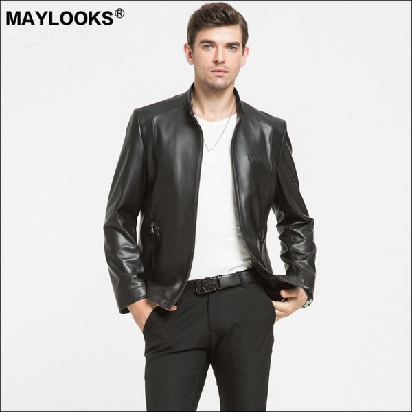 

maylooks 2019 autumn winter new men's leather clothes single leather jacket front leader business leisure ws116, Black