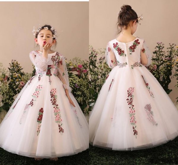 3D Blumenapplikationen bedruckte Blumenmädchenkleider 2020 Juliet Langarm Rosa Rot Grün Kleinkinder Partykleid Besondere Anlässe Kleine Mädchen