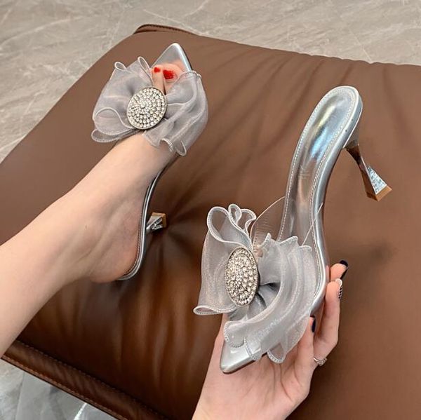 

women crystal high heel slippers pvc bowtie transparent stiletto middle heel fashion lady outdoors open toes sandals non-slip slippers, Black