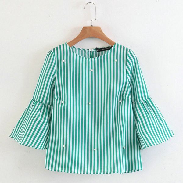 

women women blouse new women elegant pearls beading striped shirt flare sleeve o neck blouses ladies brand casual tees blusas, White