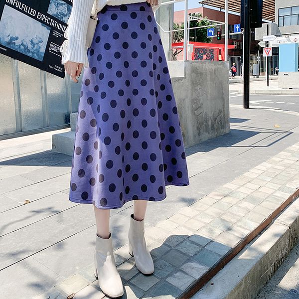 

chic suede long skirts womens streetwear high waist polka dot skirts plus size korean a-line ladies skirt jupe femme, Black