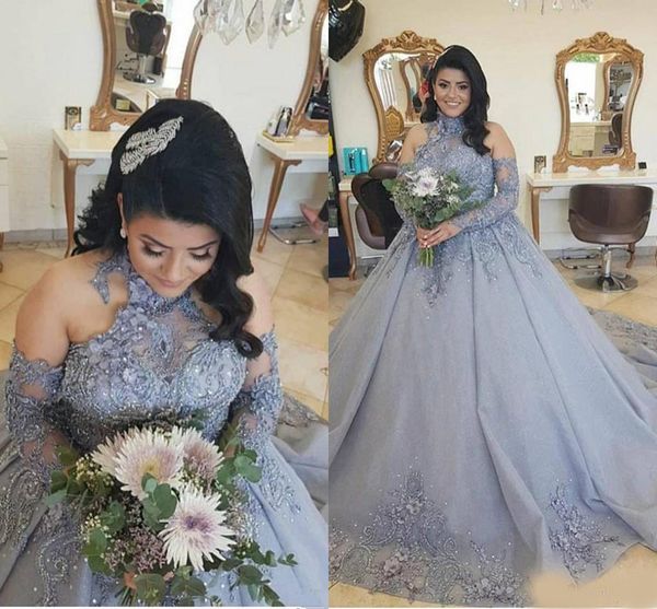 

plus size silver princess wedding dresses 2020 modern high neck lace beaded sweep train long sleeve arabic church wedding gown, White