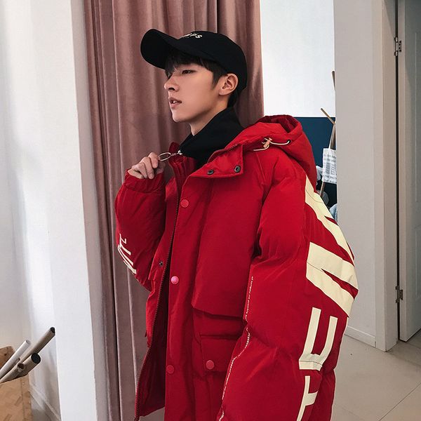 

warm men winter down jacket clothes casual loose harajuku mens parkas coats hooded print red male windbreaker sellers, Black