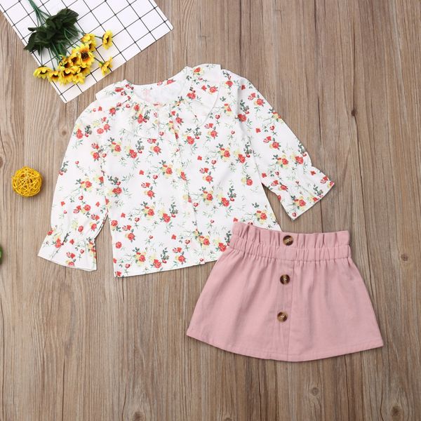 

2019 baby clothes set 2pcs toddler baby girl autumn clothes floral blouse dress skirt outfits, White