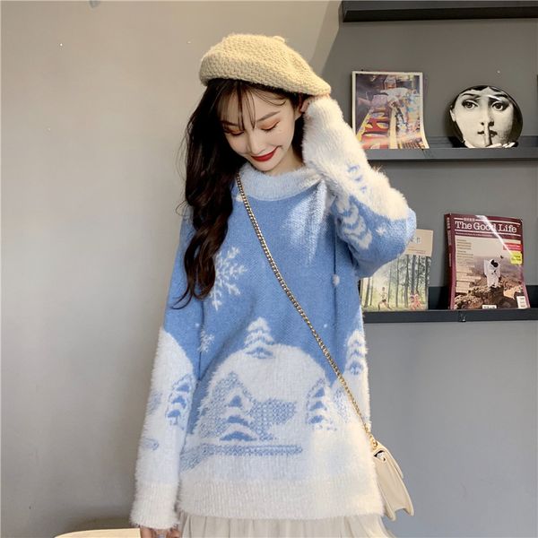 

winter new snowflake loose pullover thick sweater women, White;black
