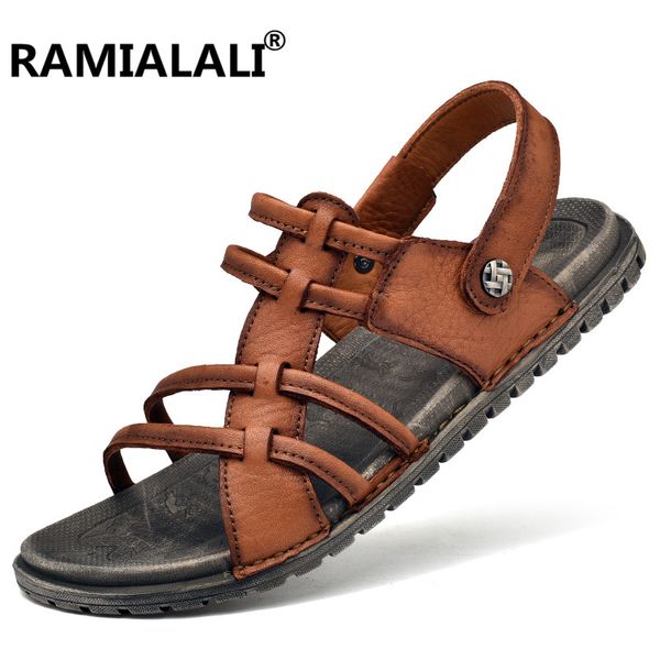 

leather men sandals flats brown comfortable men summer shoes breathable beach sandals casual shoes chaussure homme, Black