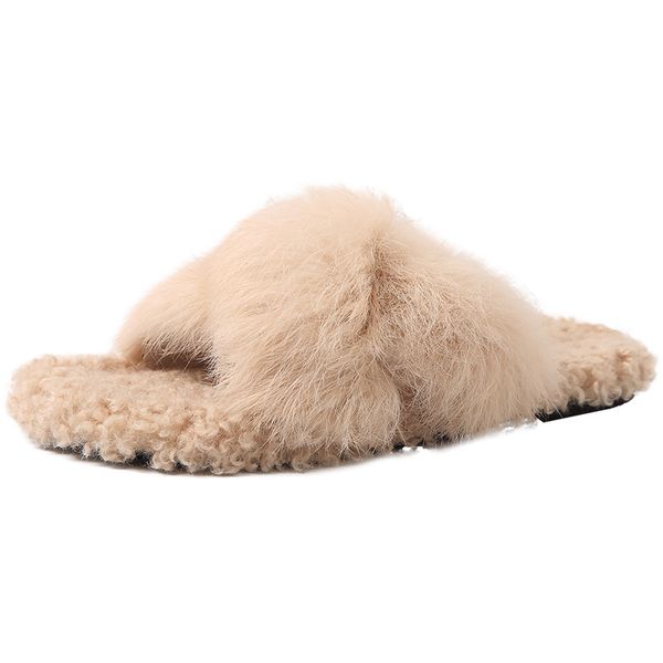 

fleece slippers wear 2019 new autumn and winter fashion wild hair cross flat net red lazy slippers, Black