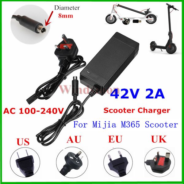 

new universal hoverboard charger eu/au/uk/us socket 42v 2a lithium battery charger for mijia m365 / es2 electric scooter 10pcs dhl