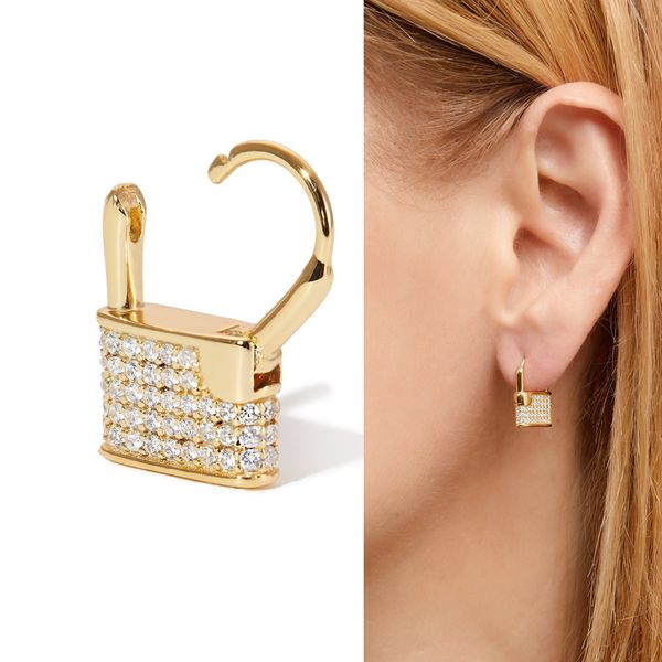 

micro pave cz lock earring unique 2019 new design women fashion hoop earrings with white rainbow cz, Golden;silver