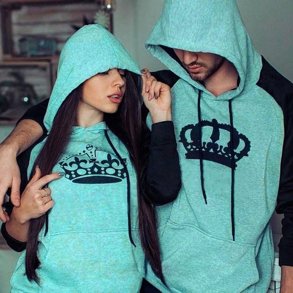 

women men couple clothes sweatshirt hoodies crown print long sleeve hooded jumper couple blouse pocket pullovers tracksuit, Black
