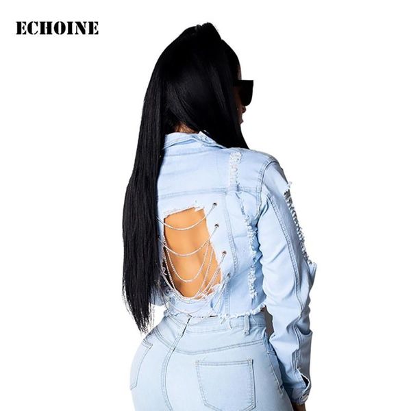 

echoine women backless chain jeans jacket oversized crop women's denim jacket vintage casual hole coat plus size outwear, Black;brown