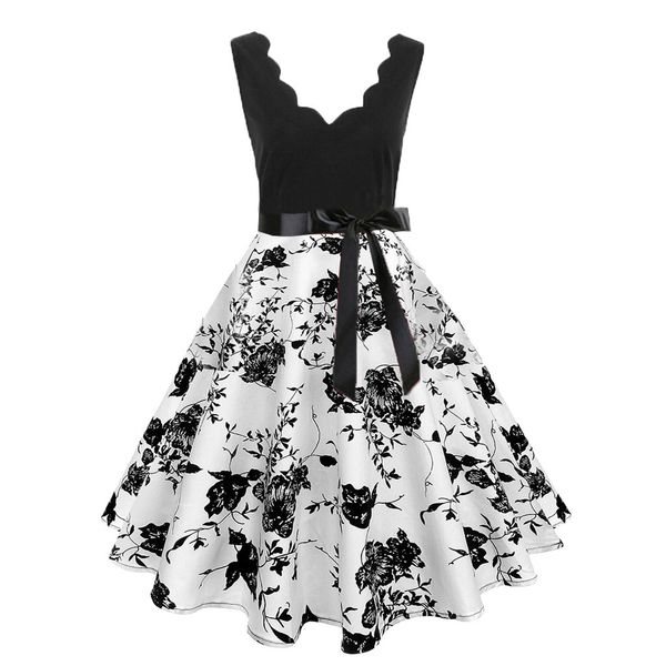 

harajuku patchwork black white dress women sleeveless sundresses elegant 2019 new fashion rose flower print vintage flare dress, Black;gray
