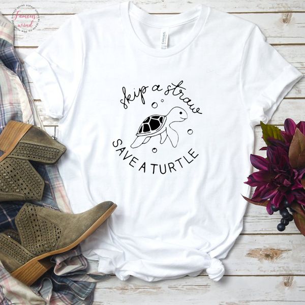 

skip a straw a turtle graphic women tshirt protect slogan t shirt grunge crewneck t shirt cotton summer tees drop ship, White