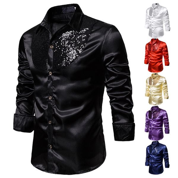

european and american-style autumn new style sequin club that men's wear host ceremonies men's fold-down collar long-sleeve shir, White;black