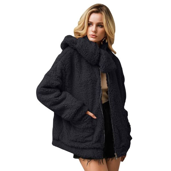 

women faux fur coat chaqueta mujer long sleeve fashion zipper autumn winter coat women plus size female fur khaki outwear, Black