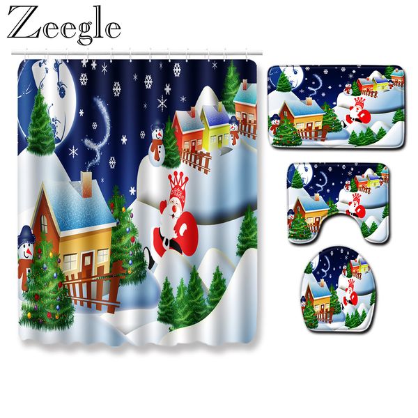 

4pcs merry christmas waterproof bathroom shower curtain set non-slip bath rug lid toilet cover bath mat soft bathroom carpet set