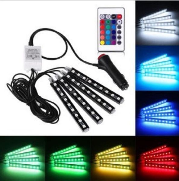

4pcs car rgb led strip light led strip lights colors car styling decorative atmosphere lamps interior light with remote 12v