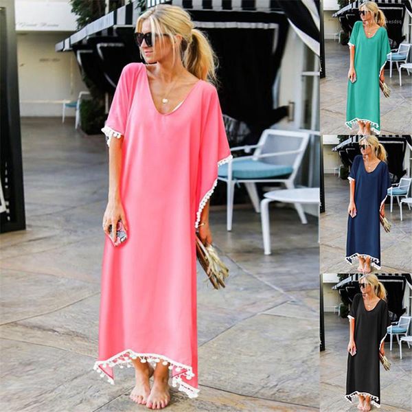 

dresses casual womens clothing summer womens casual dresses solid color tassel panelled v neck short sleeve, Black;gray