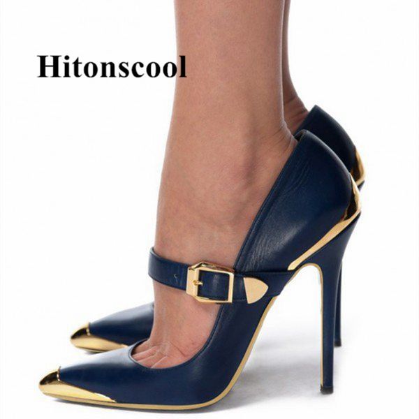 

gold metal leather woman high heels metal stiletto heels 12cm vintage mary jane pumps women shoes office pumps shoes size 43, Black