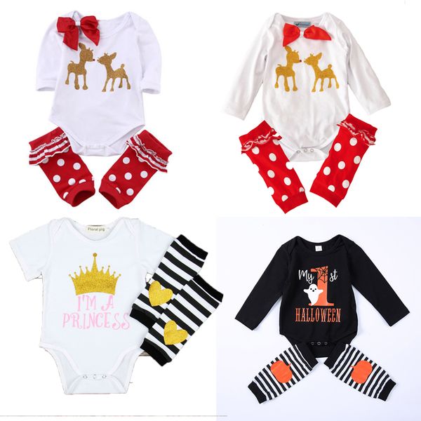 

baby printed clothing sets 5 design cartoon elk printed jumpsuit kids girls stripe leg warmer 2pcs outfit 0-2t 04, White