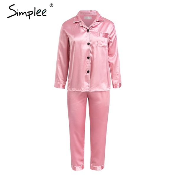 

simplee women pajama set stain soft night sleepwear faux silk pajamas autumn winter 2018 pyjama femme plus size home wear suit, Blue;gray