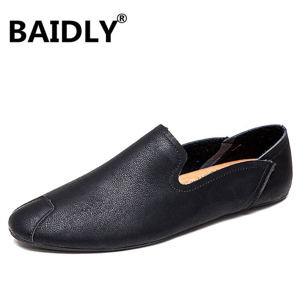 

leather men casual shoes mens loafers moccasins breathable slip on male driving shoes high quality, Black
