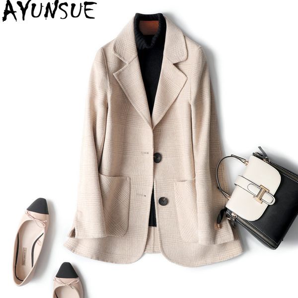 

ayunsue 100% wool coat women spring autumn plaid jacket double-sided korean blazer overcoat coats female jackets 2020 0528 j3906, Black