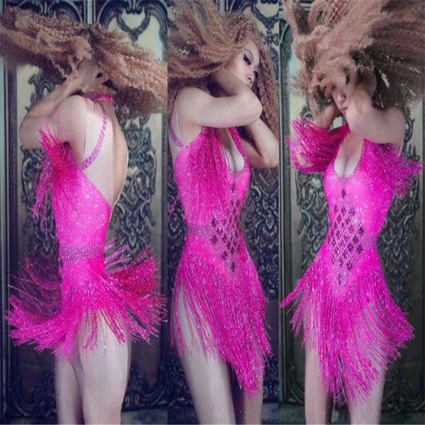 

sparkly rhinestones tassel nightclub dance costumes dj ds show stage wear bodysuit party female singer outfit, Black;red