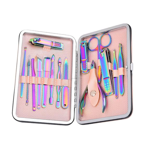

15pcs rainbow manicure set with case stainless steel nail clipper cutter trimmer ear pick kit pedicure toe nail tool earpick set