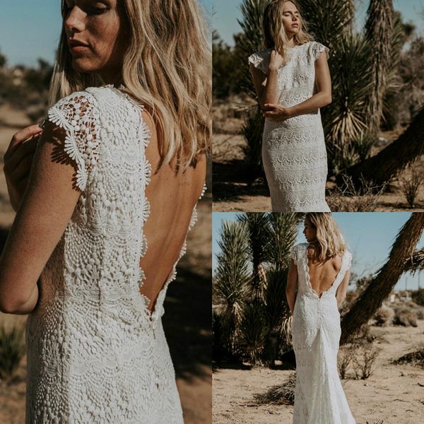 Acheter Robes De Mariée Sirène Vintage Au Crochet En Dentelle 2019 Reto Col En V Dos Nu Balayage Train Plage Robe De Mariée En Coton Trompette Boho De