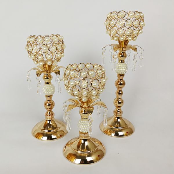 Set di 3 portacandele conici in oro mentale con candeliere di cristallo alto all'ingrosso best768