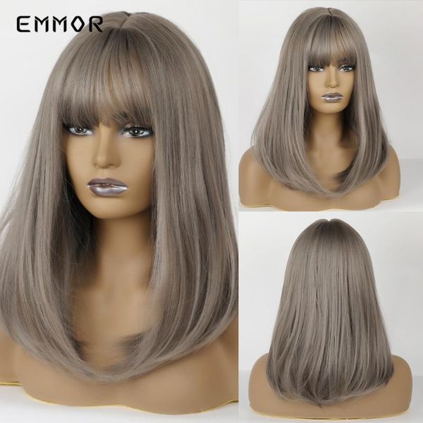 

emmor synthetic medium platinum blonde wigs with bangs for african american women heat resistant hair wigs for cosplay party, Black