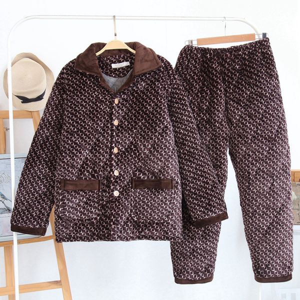 

flannel pajamas men winter thick warm long-sleeved three layers of cotton coralline suit autumn, White