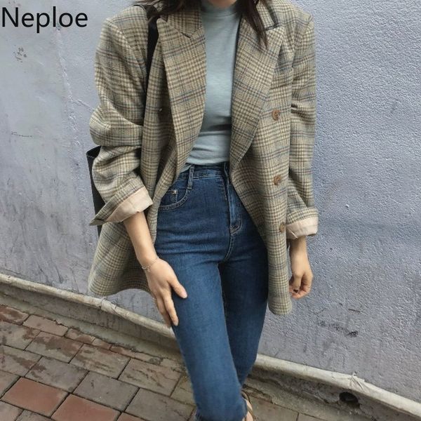 

neploe korean chic retro plaid loose blazer spring autumn office lady work style long sleeve casaco double breast wild coat48839, White;black