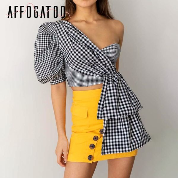 

affogatoo one shoulder summer crop women casual puff sleeve plaid splice female elegant party club ladies tank, White
