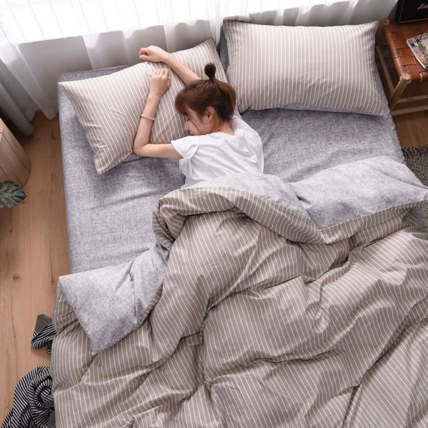 

pure cotton washed cotton ab side brief style bed set duvet cover pillowcase flat fitted bed sheet light brown stripe grey side