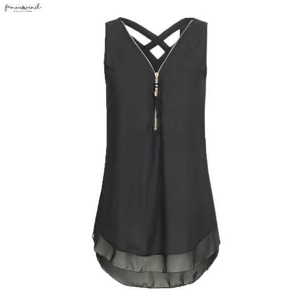 

women chiffon size 5xl summer tank tunic zipper v neck sleeveless cross ladies clothes plus haut femme, White