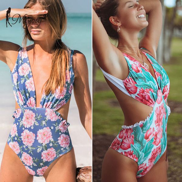 

miyouj сборки one piece купальники цветочные sexy backless узелок купальники женщин 2018 глубокий v-образный вырез печати женский купальный, White;black
