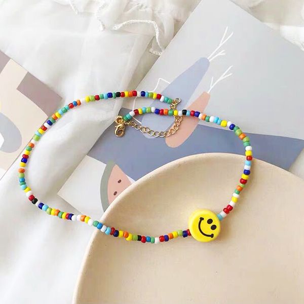 

trendy light color stripe beads smile smily face choker yellow positive lucky beads necklace for women 2019 office daily jewelry, Golden;silver