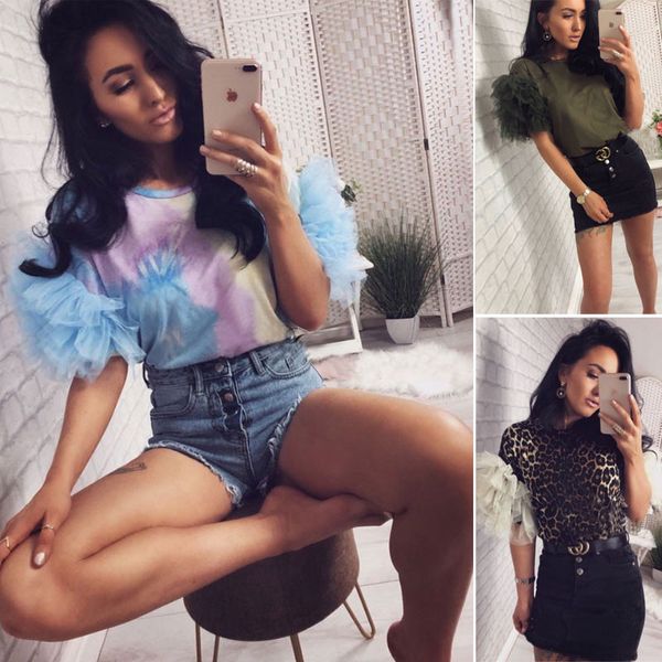 

women summer tulle ruffle short sleeve t shirt ladies loose casual blouse frill mesh puff short sleeve party t shirt top, White