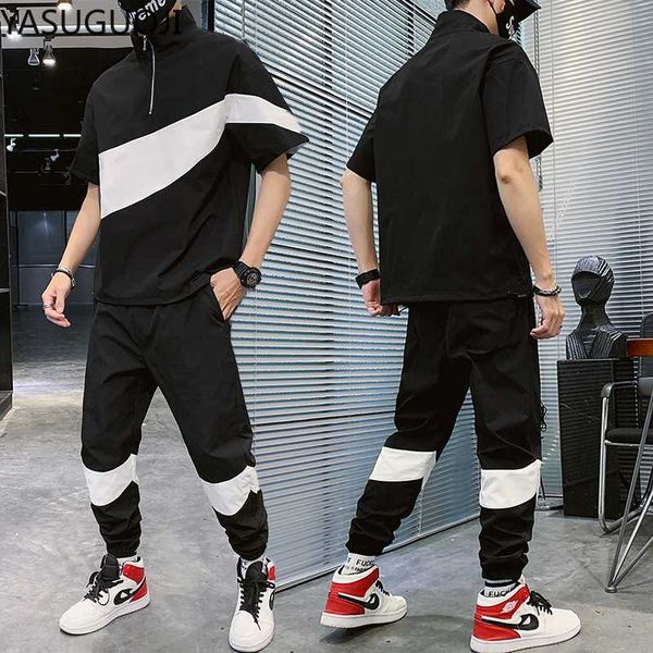 

yasuguoji spring summer sport sets men t-shirt+trousers two pieces cargo sets casual patchwork sportswear sweatsuit tracksuit, Gray