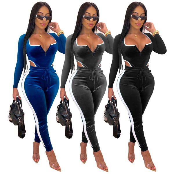 

women bodycon jumpsuits playsuits sport style square collar long sleeve overalls side striped hollow out bodysuits, Black;white