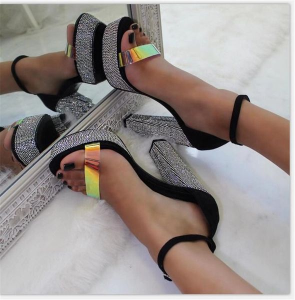 

2020 women 13.5cm high heels platform crystal sandals lady fetish stripper strap shoes stripper chunky block heels glitter pumps, Black