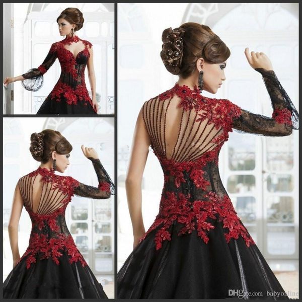 Halloween-Abendkleid, Vintage-Stil, schwarz und rot, viktorianisches Gothic-Maskerade-Partykleid, Schlüsselloch-High-Neck-Langarm-Abschlussballkleid nach Maß