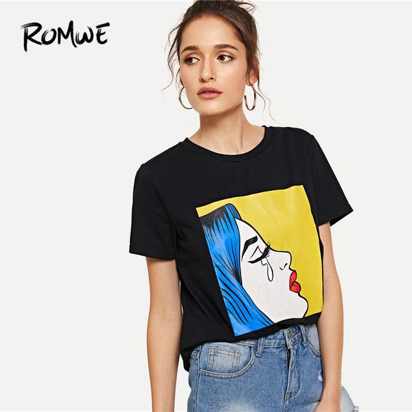 

figure print tee summer round neck short sleeve pullovers black casual 2019 women fashion design t-shirt, White