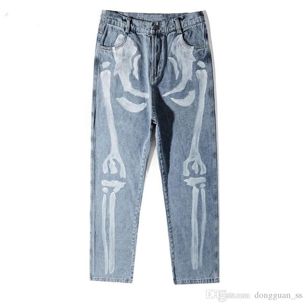 

skull bones print jeans hip hop casual loose denim pants streetwear men fashion hipster punk rock trousers male pants, Blue
