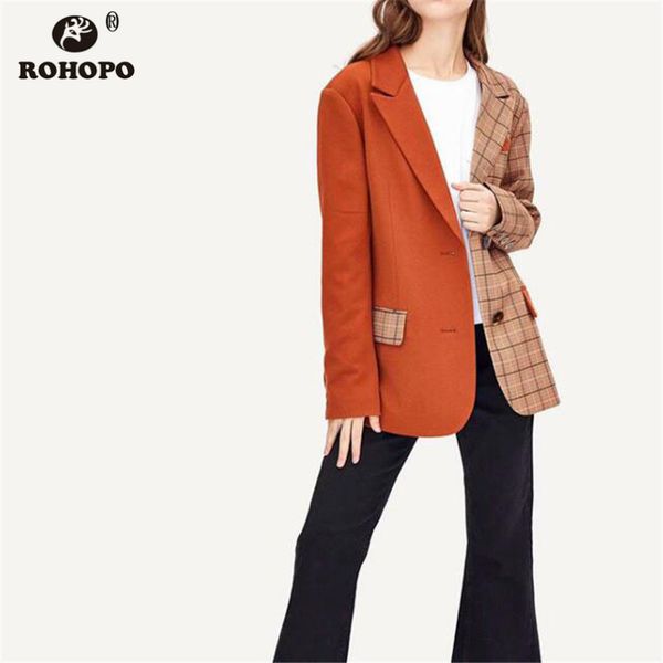 

rohopo autumn women patchaork contrast color plaid blazer notched office ladies striped single breast buttons outwear #9437, White;black