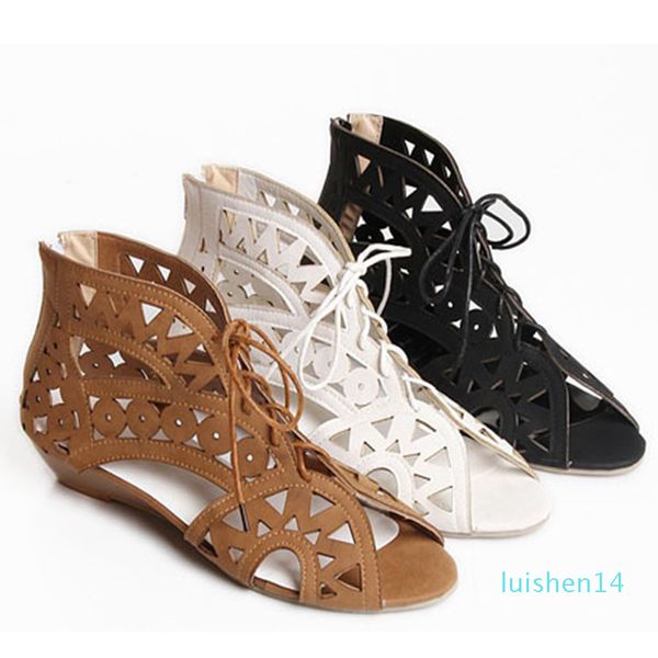 

enmayer big size 34-43 fashion cut-outs lace up sandals open toe low wedges bohemian summer beach woman white shoes l14, Black