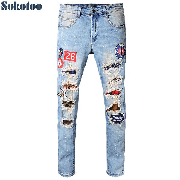 

sokotoo men's plus size badge patches ripped jeans slim skinny patchwork holes distressed stretch denim pants, Blue